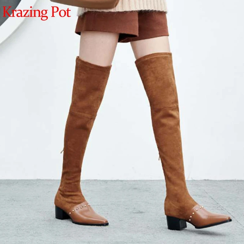 Krazing Pot genuine leather flock big size lazy style thick heel stretch boots pearl-studded women keep warm knee-high boots L28
Krazing Pot genuine leather flock big size lazy style thick heel stretch boots pearl-studded women keep warm knee-high boots L28