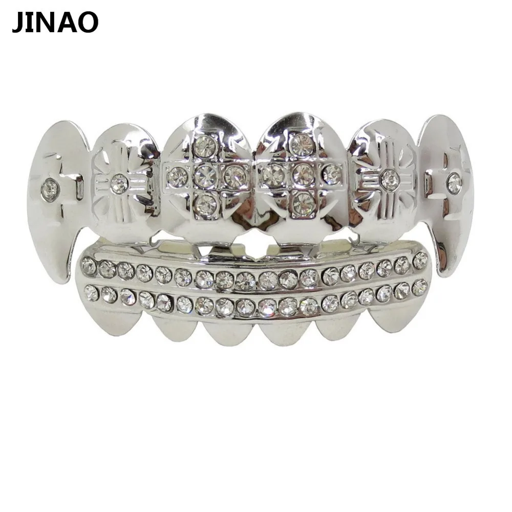JINAO Gold Color Plated ICED OUT CZ Teeth GRILLZ Cross Top & Bottom Tooth Caps Hip Hop Bling Golden Grills For Christmas Gift
JINAO Gold Color Plated ICED OUT CZ Teeth GRILLZ Cross Top & Bottom Tooth Caps Hip Hop Bling Golden Grills For Christmas Gift