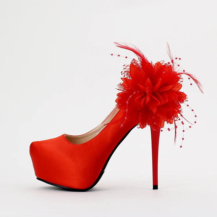 New arrival red bride wedding shoes high heel round toe single shoes flower decoration lady wedding shoes