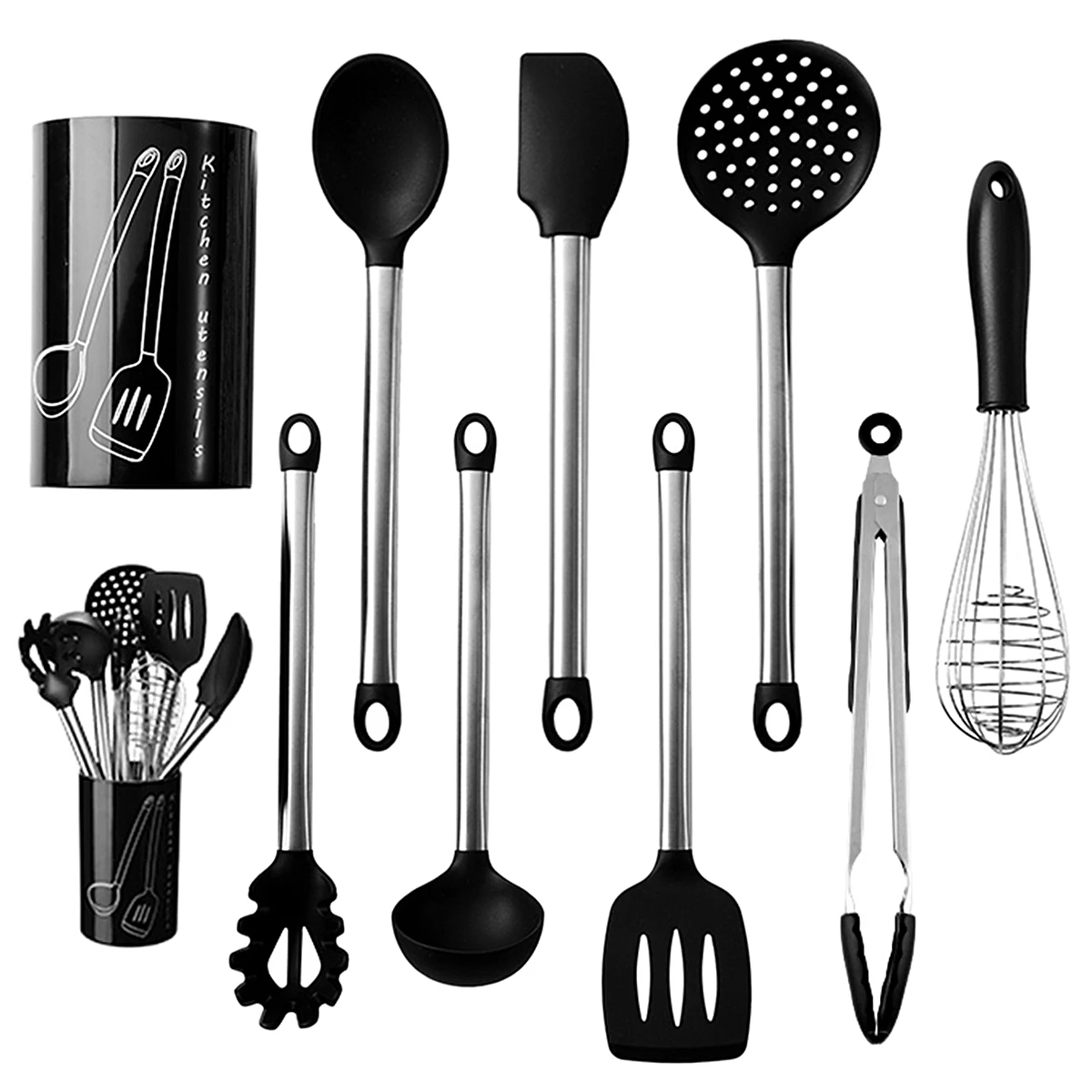 Kitchen Utensil Set-8 pcs with Holder-Stainless Steel+Silicone-Turner Tongs Spatula Spoon Whisk Soup Ladle Skimmer-Cooking Tools
Kitchen Utensil Set-8 pcs with Holder-Stainless Steel+Silicone-Turner Tongs Spatula Spoon Whisk Soup Ladle Skimmer-Cooking Tools