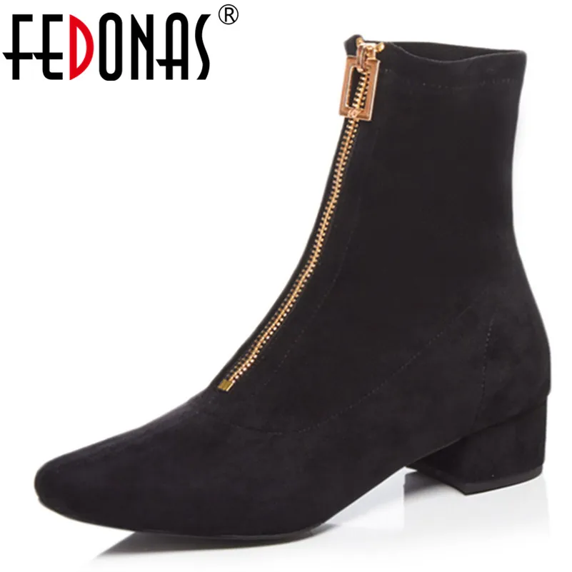 FEDONAS Brand Women Flock Ankle Boots Square Heels Autumn Winter Scoks Boots Warm Martin Shoes Woman New Prom Club High Boots