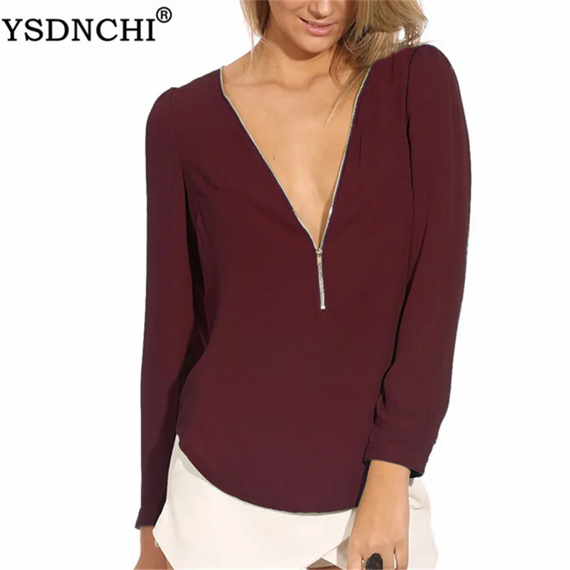 YSDNCHI Woman Summer Shirt Deep V Neck With Zipper Long Sleeve Hot Sale Women T Shirt Chiffon Blusas Solid Wine Red Office Tops
YSDNCHI Woman Summer Shirt Deep V Neck With Zipper Long Sleeve Hot Sale Women T Shirt Chiffon Blusas Solid Wine Red Office Tops