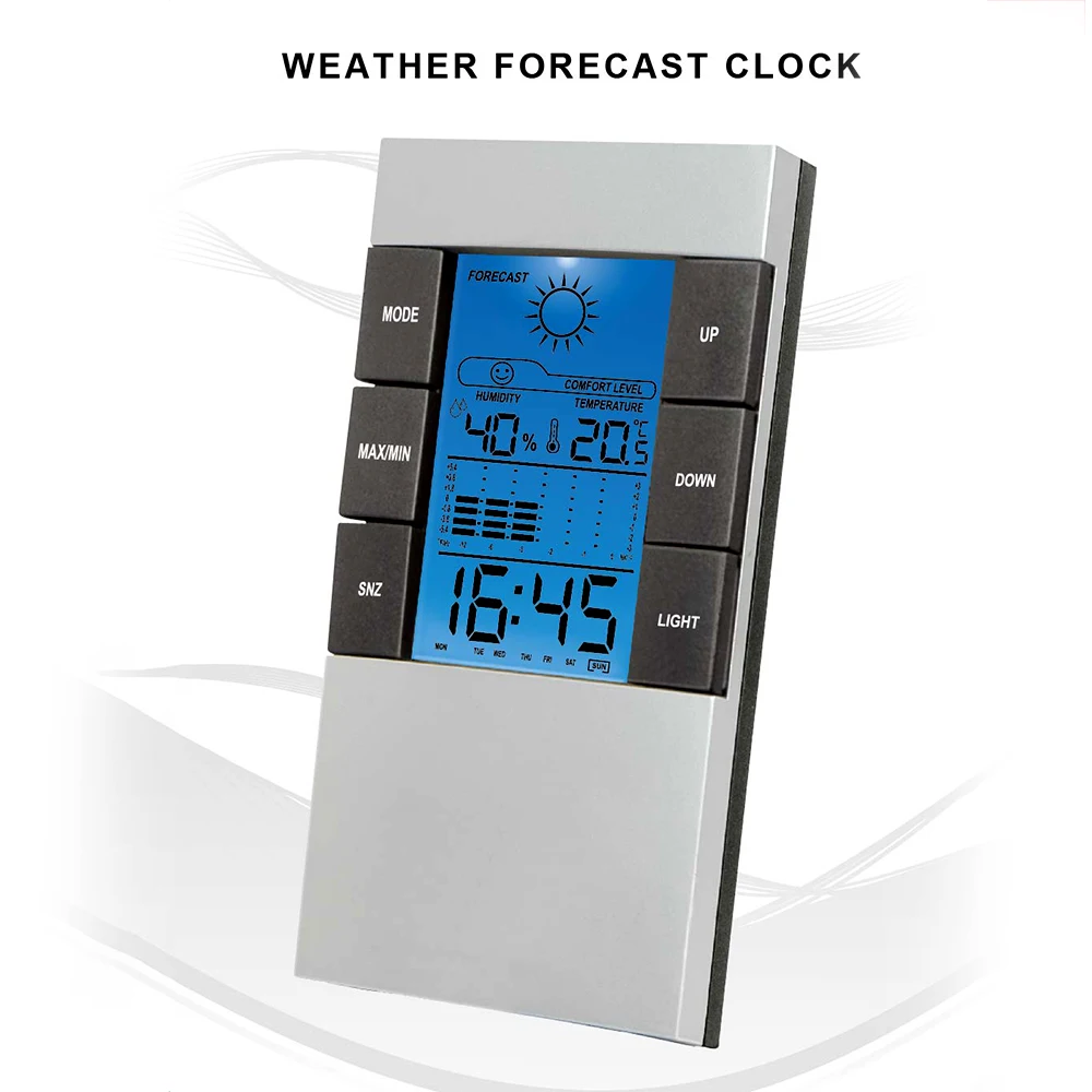 

Snooze Alarm Clock Weather Forecast Desktop Clock LCD Light Display Auto Adjust Perpetual Calendar Electronic Weather Station