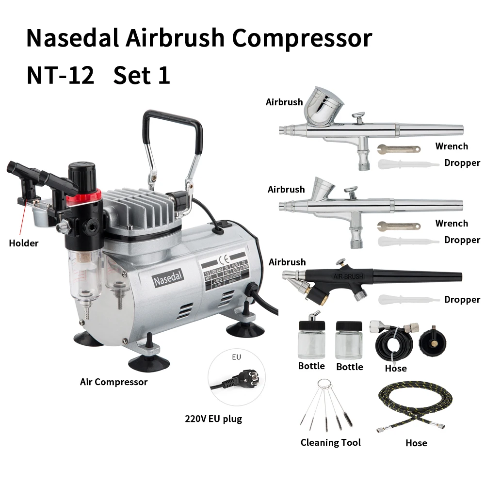 Nasedal Dual-action Spray Gun Airbrush Compressor with 3 Airbrush Paint Gun Makeup tattoo Nail Model Art/Body/Cake Painting
Nasedal Dual-action Spray Gun Airbrush Compressor with 3 Airbrush Paint Gun Makeup tattoo Nail Model Art/Body/Cake Painting