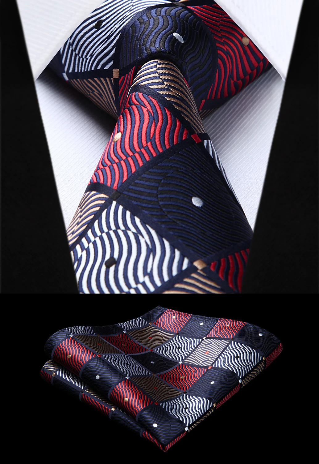 Фото Тканый мужской галстук Модный Темно-Синий Красный Клетчатый Набор платков и