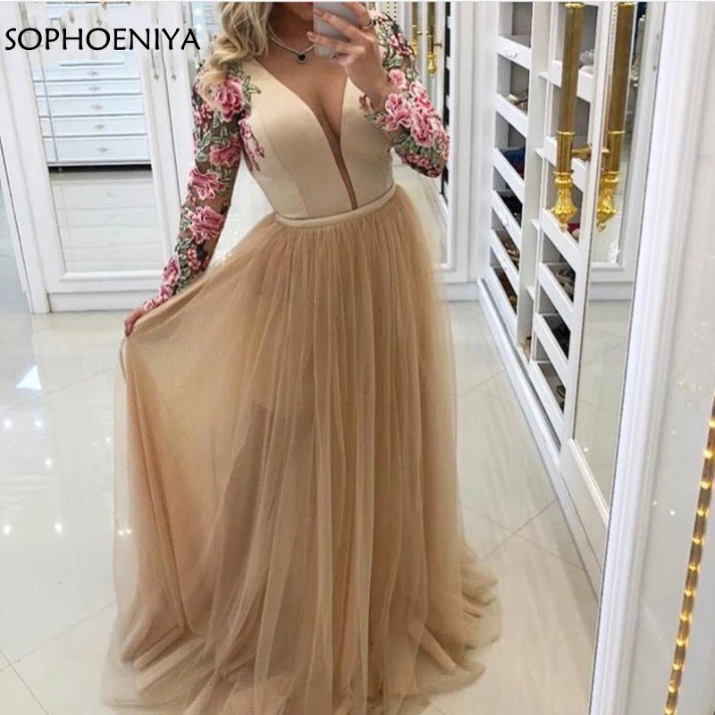 New Arrival V Neck Long sleeve Evening dress Champagne Abiye evening gown Vestido longo festa Prom party gown tulle dress
New Arrival V Neck Long sleeve Evening dress Champagne Abiye evening gown Vestido longo festa Prom party gown tulle dress