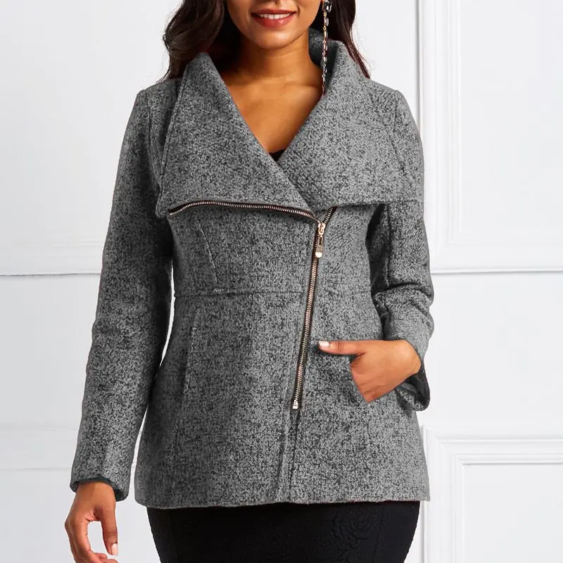Winter Gray Office Ladies Casual Wool Elegant Jackets Women Coats Slim Lapel Zipper Pocket Autumn Female Fashion Overcoats
Winter Gray Office Ladies Casual Wool Elegant Jackets Women Coats Slim Lapel Zipper Pocket Autumn Female Fashion Overcoats