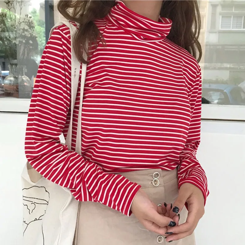 Women T-shirt Autumn Turtleneck Long Sleeve Basic Tops Shirts Female Striped Slim Pullover
Women T-shirt Autumn Turtleneck Long Sleeve Basic Tops Shirts Female Striped Slim Pullover