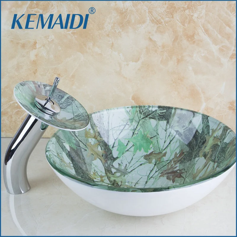 

KEMAIDI Round Bathroom Art Washbasin Tempered Glass Vessel Sink With Waterfall Chrome Faucet Set &Pop Up Drain