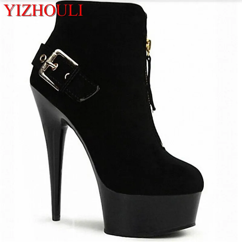 

15cm ultra high heel waterproof platform women's shoes, the front lacing suede boots, fine model ankle Dance Shoes