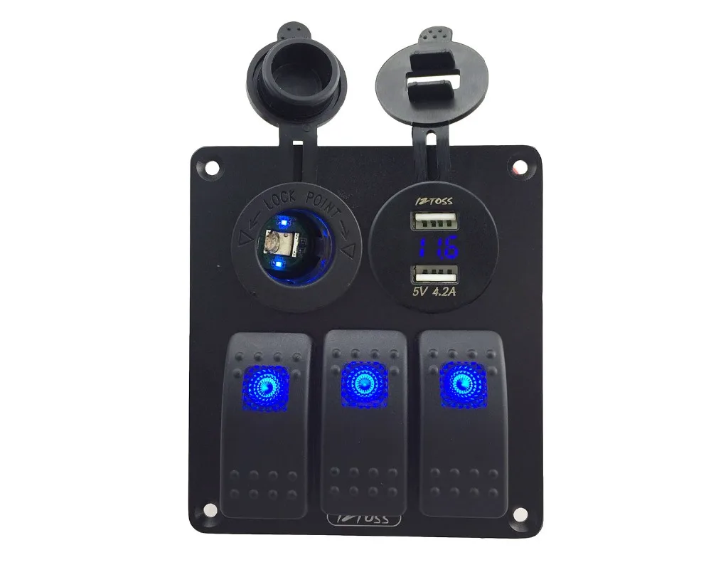 DC12V-24V Power socket+ Double USB 4.2A Power Outlet Charger voltmeter Socket Waterproof 3 Gang blue Rocker Switch Panel
DC12V-24V Power socket+ Double USB 4.2A Power Outlet Charger voltmeter Socket Waterproof 3 Gang blue Rocker Switch Panel