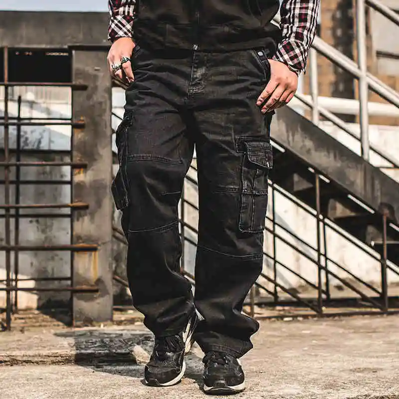 Джинсы-карго мужские с боковыми карманами Модные свободные брюки из денима
