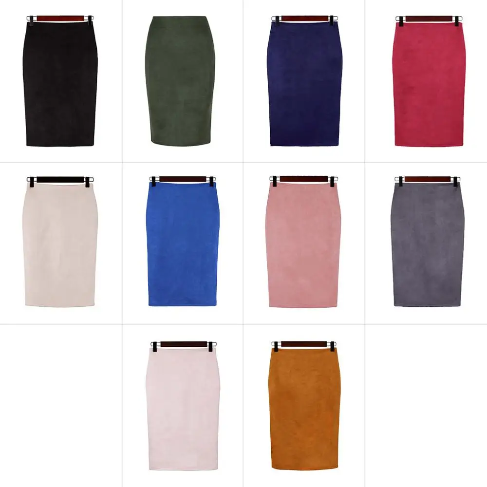Женская замшевая юбка карандаш однотонная облегающая винтажная эластичная с