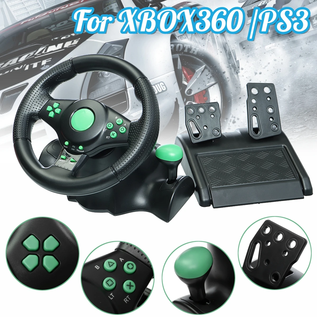 Gaming Vibration Racing Steering Wheel and Pedals For XBOX360 / For PS3 / For PS2 / PC
Gaming Vibration Racing Steering Wheel and Pedals For XBOX360 / For PS3 / For PS2 / PC