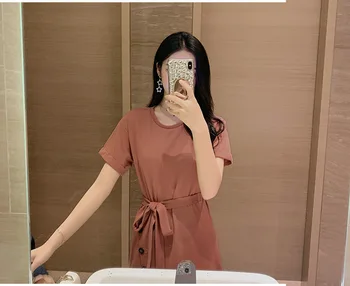 Solid color short-sleeved round-collared dress, new style personalized breasted waistband, waistband T-shirt dress
Solid color short-sleeved round-collared dress, new style personalized breasted waistband, waistband T-shirt dress