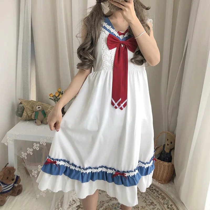 Lolita Dress Women Sleeveless Bow Stitching High Waist Lace Dresses Cute Sweet Girl Dress Summer
Lolita Dress Women Sleeveless Bow Stitching High Waist Lace Dresses Cute Sweet Girl Dress Summer