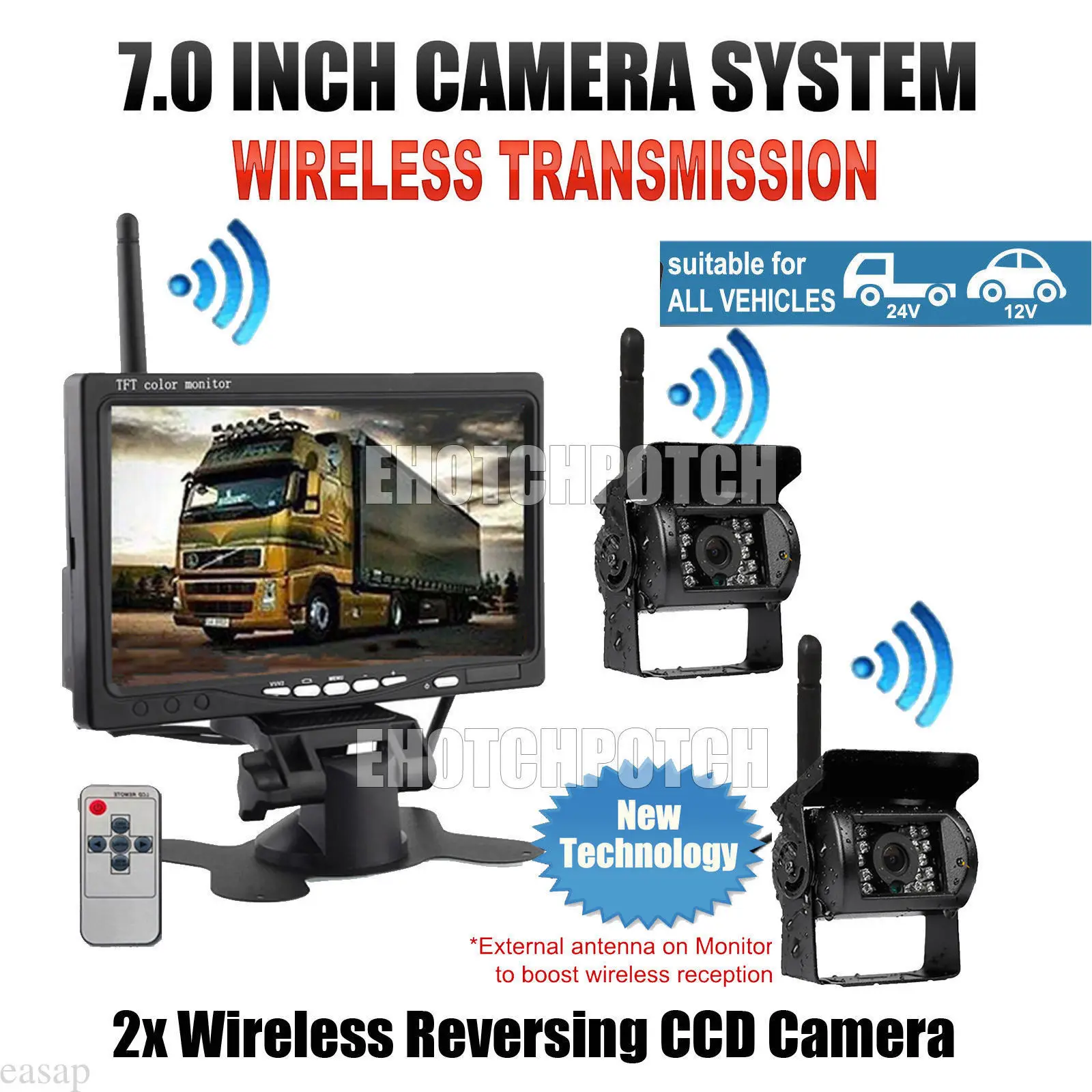 Wireless Vehicle Backup Cameras Parking Assistance System with 2 Pcs Night Vision Rear View Camera and 7" Monitor for RV Truck
Wireless Vehicle Backup Cameras Parking Assistance System with 2 Pcs Night Vision Rear View Camera and 7" Monitor for RV Truck
