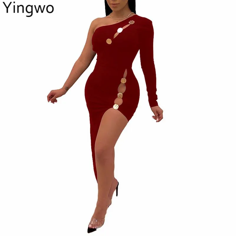 

Burgundy/Blue/Black Sexy One Shoulder Front Buttons Hollow Out Details Bodycon Dress Hot Sexy Night Out High Legs Club Dresses