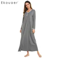 Ekouaer Long Chemise Nightgown Sleep Lounge Dress Sleepwear Women Casual O-Neck Long Sleeve Front Pleated Nightdress Sleepshirts image