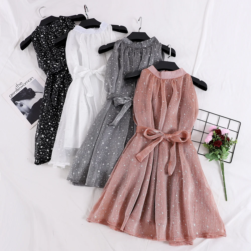 Women Summer Sexy Bling Star Print Organza Halter Silk Mini Bow Dress Lace Up Bandage Strap Pullover Chiffon Short Beach Dresses
Women Summer Sexy Bling Star Print Organza Halter Silk Mini Bow Dress Lace Up Bandage Strap Pullover Chiffon Short Beach Dresses