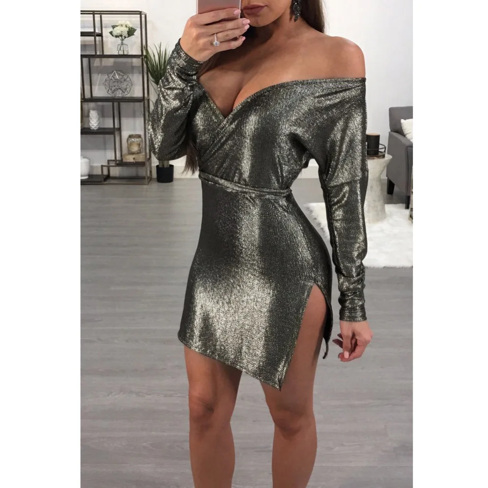 2018 Spring Sexy Clubwear Women Metallic Dress Cross Deep V-Neck Long Sleeve Belted Casual Mini Party Dresses female Bodycon
2018 Spring Sexy Clubwear Women Metallic Dress Cross Deep V-Neck Long Sleeve Belted Casual Mini Party Dresses female Bodycon