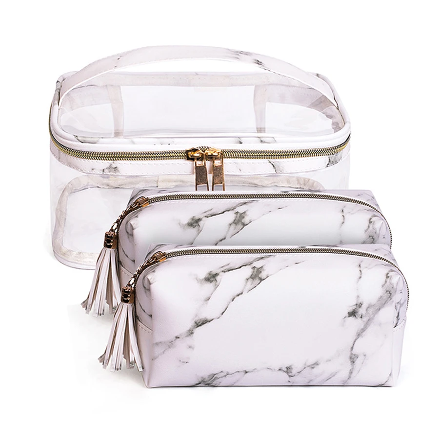 

Clear Transparent Pvc Cosmetic Marble Makeup Bag Travel Organizer 3 Pcs Set Marble Makeup Case Wash Pouch Toiletry Waterproof