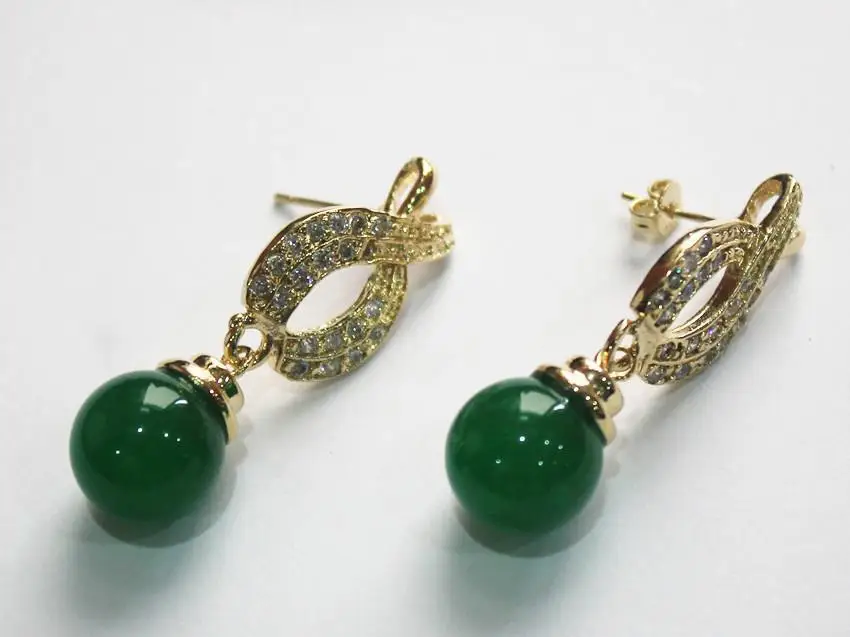 latest fashion lady's nicest 18KGP with crystal plated leave shape +12mm green jade bread earring