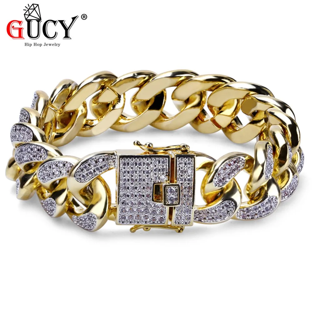 GUCY Hip Hop Bracelet Micro Pave CZ Stones 18mm Cuban Chain Gold/Silver Color Plated Bling Iced Out Fashion Bracelet For Men
GUCY Hip Hop Bracelet Micro Pave CZ Stones 18mm Cuban Chain Gold/Silver Color Plated Bling Iced Out Fashion Bracelet For Men