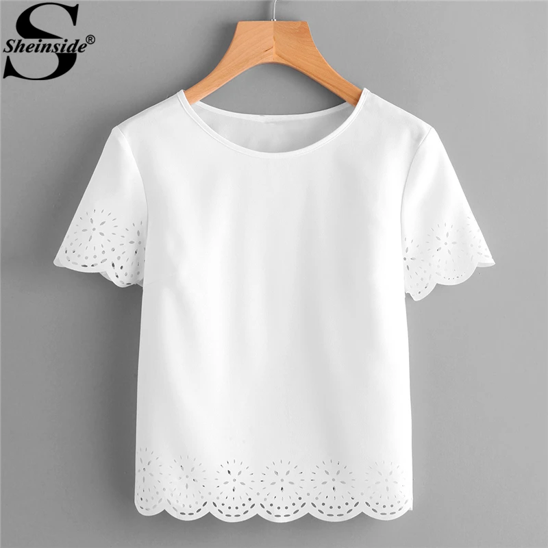 

Sheinside 2018 Summer Round Neck Short Sleeve Blouse White Laser Cut Scallop Hem Plain Top Women Casual Solid Blouse