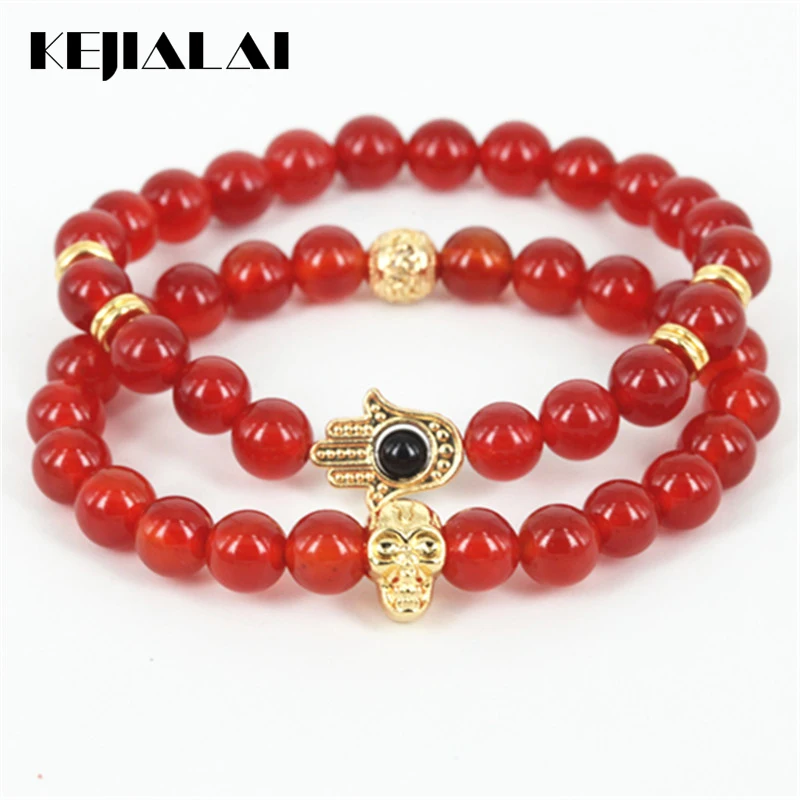 KEJIALAI Natural Red Round Stone Beads Men Hamsa Hand Bracelet Beaded Gold Color Skull Head Women As A Gift A0596 | Украшения и