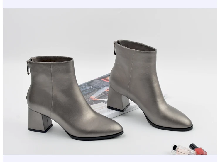Donna-in 2017 Classic elegant Ankle Boots round Toe thick heels women boots metallic pewter genuine leather Ladies single boots B39-2 (6)