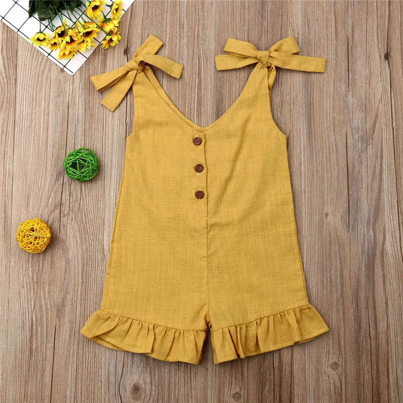 Brief Kids Baby Girl Cotton Linen Rompers Summer Solid Strappy Lace-up Ruffled Playsuit V-Neck Button Child Girls Sunsuits 1-6Y
Brief Kids Baby Girl Cotton Linen Rompers Summer Solid Strappy Lace-up Ruffled Playsuit V-Neck Button Child Girls Sunsuits 1-6Y