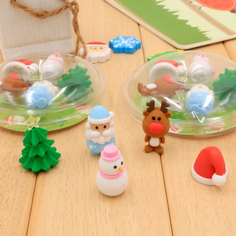 

5 Pcs/pack Cute Merry Christmas Tree Hat Elk Santa Claus Snowman Rubber Pencil Erasers Stationery Eraser New Year Gifts