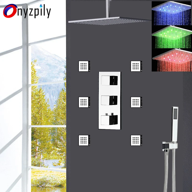 3 Color Changing Ceiling Mounted Square Rain Shower Head Thermostatic Valve Mixer Tap Bathroom Shower Set
3 Color Changing Ceiling Mounted Square Rain Shower Head Thermostatic Valve Mixer Tap Bathroom Shower Set