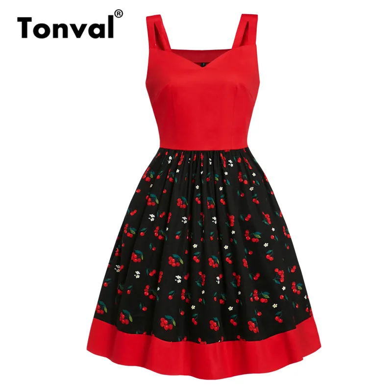 Tonval Retro Cherry Print Pin Up Style Red Pleated Dress Women Spaghetti Strap Pockets Fit and Flare Cotton Vintage Dresses
Tonval Retro Cherry Print Pin Up Style Red Pleated Dress Women Spaghetti Strap Pockets Fit and Flare Cotton Vintage Dresses