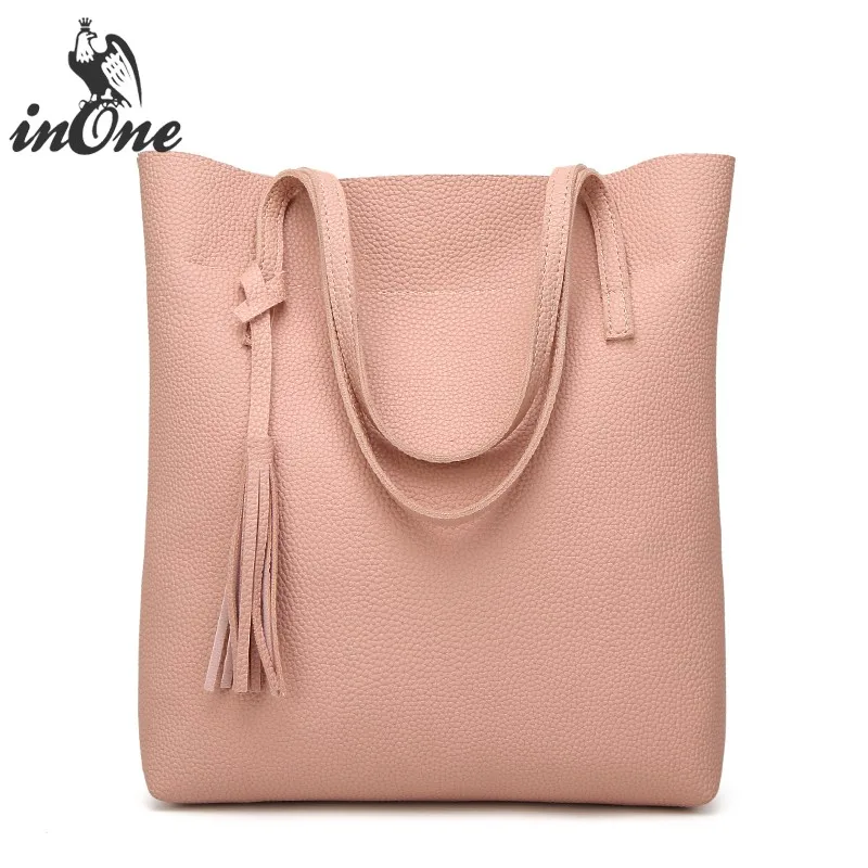 

INONE 2018 Ladies Hand Bags Tassels Tote Women Shoulder Bags Litchi Grain Vegan Faux Leather Handbag Simple Purse with 4 colors