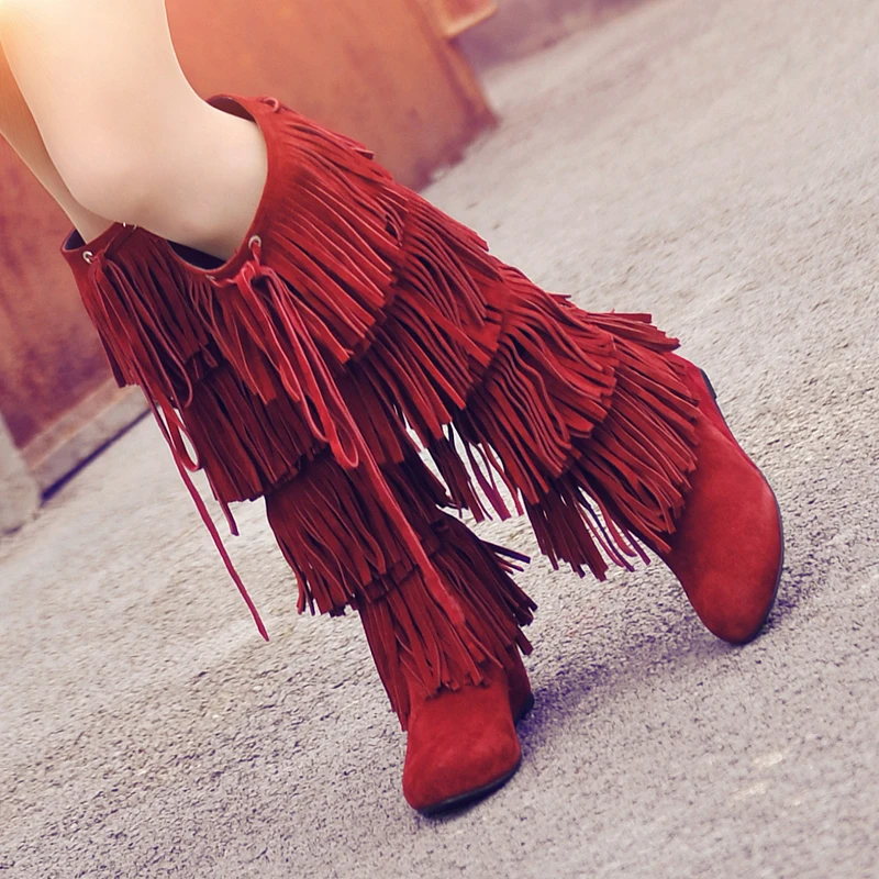 Women Spring Autumn Fringe Genuine Leather Knee High Boots Short Plush Thick Warm Wedge High Heels Snow Long Boots 20161220
Women Spring Autumn Fringe Genuine Leather Knee High Boots Short Plush Thick Warm Wedge High Heels Snow Long Boots 20161220