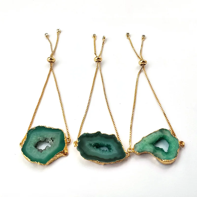 5Pcs Nature geode quartz connector bracelet Green drusy stone with Gold Plating Chain adjustable Jewelry Bracelets BG286 | Украшения и