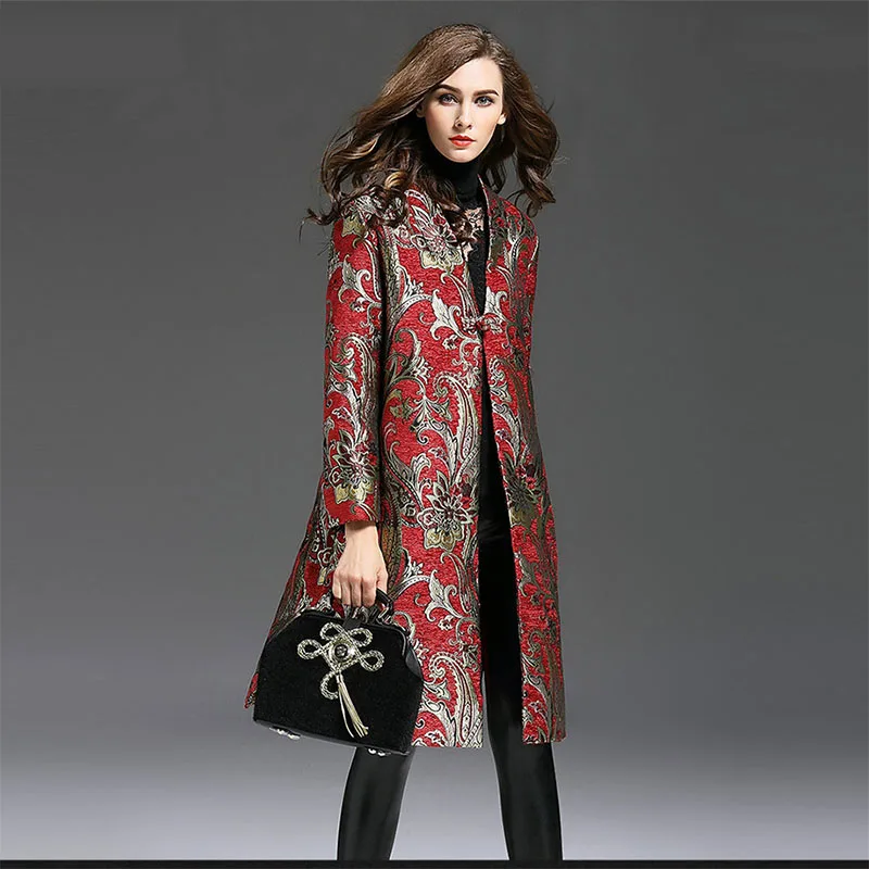 Image New Arrival Autumn And Winter Vintage Women Long Trench Coat Fashion Full Sleeve Dobby Embroidery Polyester Runway Trench