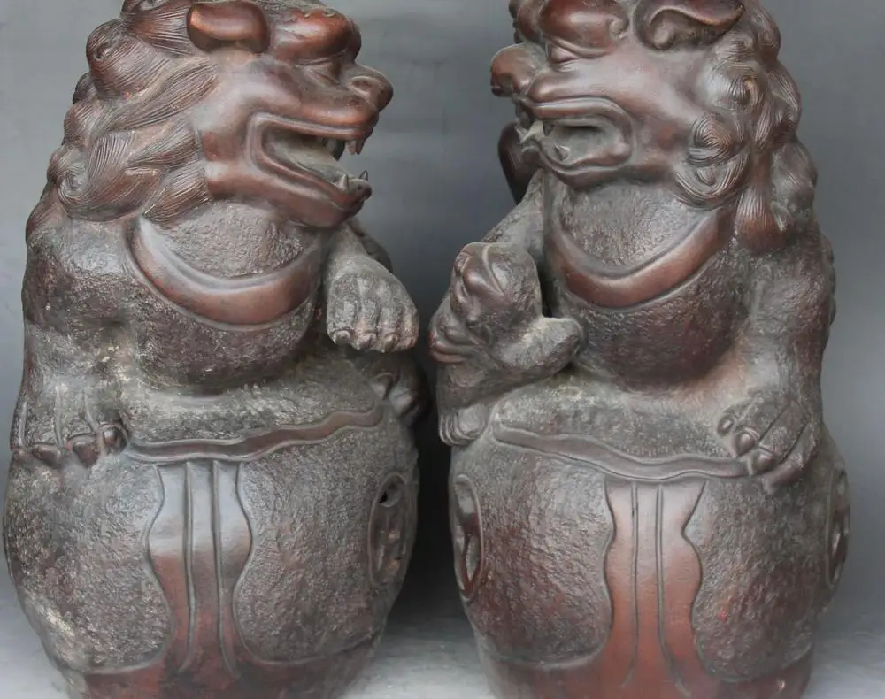 17" Chinese Feng Shui Bronze Foo Fu Dog Guardian Lion Tread Ball Kid Statue Pair
