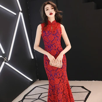 Lace Red Flower Lady Cheongsam Sleeveless Maxi Evening Dress Mandarin Collar Traditional Chinese Trumpet Dresses Novelty Qipao
Lace Red Flower Lady Cheongsam Sleeveless Maxi Evening Dress Mandarin Collar Traditional Chinese Trumpet Dresses Novelty Qipao