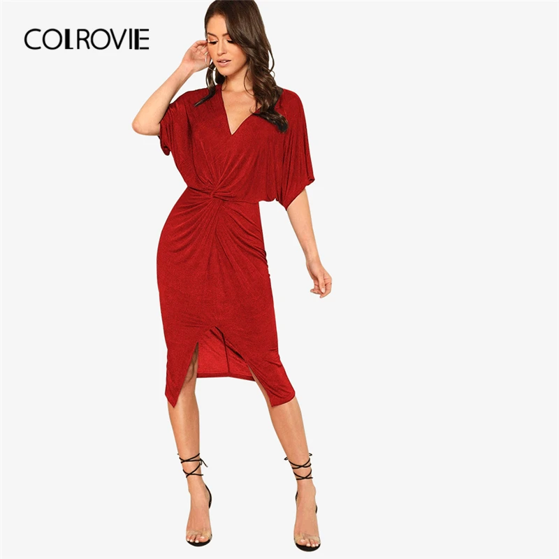 COLROVIE Red V Neck Twist Front Half Sleeve Split Sexy Bodycon Dress Autumn Solid Elegant Midi Party Dress Women Dresses
COLROVIE Red V Neck Twist Front Half Sleeve Split Sexy Bodycon Dress Autumn Solid Elegant Midi Party Dress Women Dresses
