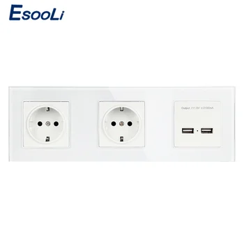 

Esooli Wall Crystal Glass Panel Double Socket 16A EU Electrical Outlet Dual USB Smart Charging Port 5V 2A Output White Color
