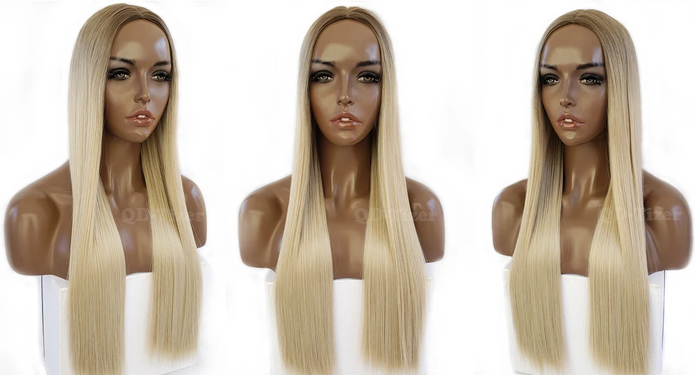 QD-TIZER Blonde Hair Long Silky Straight Ombre Blonde Color NO Lace Wig Glueless Dark Root Synthetic Wigs For Black Women 6