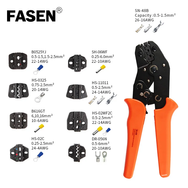 SN-48B Hand tool crimping pliers plus 9 types of jaws suitable for insulation and insulation and spring plug terminals
SN-48B Hand tool crimping pliers plus 9 types of jaws suitable for insulation and insulation and spring plug terminals
