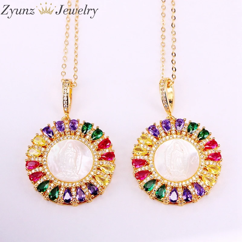 5PCS, 30MM, Rainbow CZ Micro Pave Jesus /Mary Charm Shell Pendant Necklace, Round Shaped Religious Charm Chain Necklace
5PCS, 30MM, Rainbow CZ Micro Pave Jesus /Mary Charm Shell Pendant Necklace, Round Shaped Religious Charm Chain Necklace