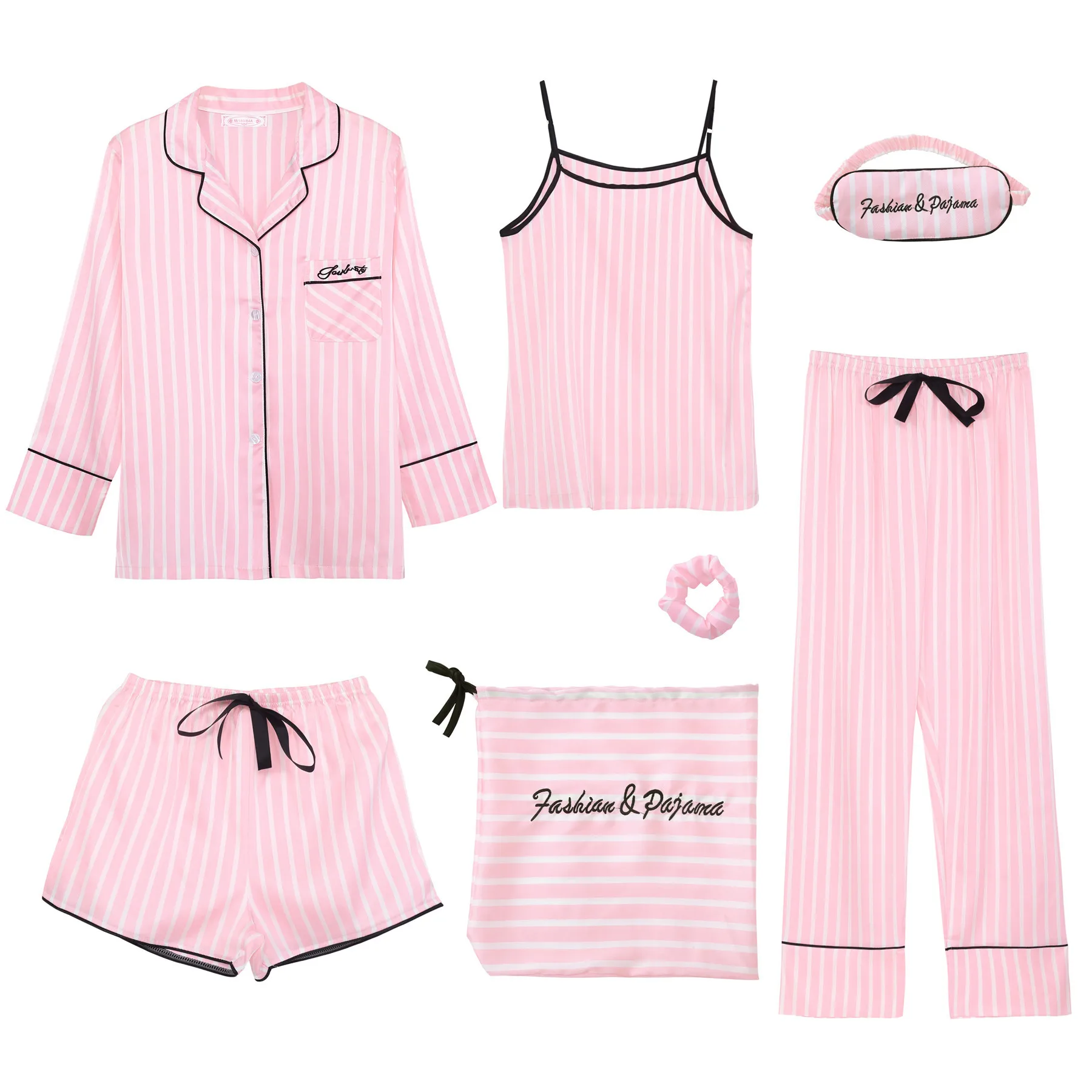 Pink Women's 7 Pieces Pajamas Sets Emulation Faux Silk Striped Pyjamas Sets Sleepwear Homewear Home Clothing pjs Women lingerie
Pink Women's 7 Pieces Pajamas Sets Emulation Faux Silk Striped Pyjamas Sets Sleepwear Homewear Home Clothing pjs Women lingerie