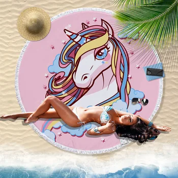 

Cute Pink Cartoon Unicorn Pony Printed Large Microfiber Round Beach Towel For Girls Women With Tassels Fringe Serviette De Plage