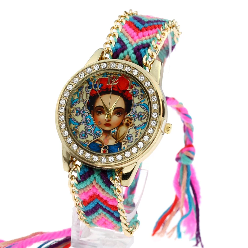 

Gnova platinum Watch Women vintage Girl Monkey Roses Rhinestone Style dial Fashion wristwatch Lace Gold Chain Braid Reloj