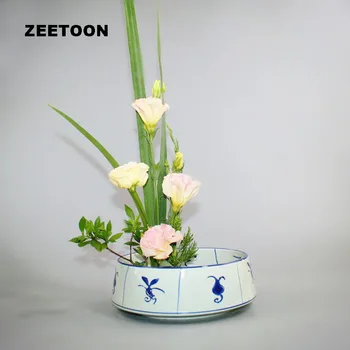 

Japanese Flower Arrangement Flower Pot Vase Ceramic Hydroponic Basin Flower Plate Blue and White Porcelain Vintage Home Decor